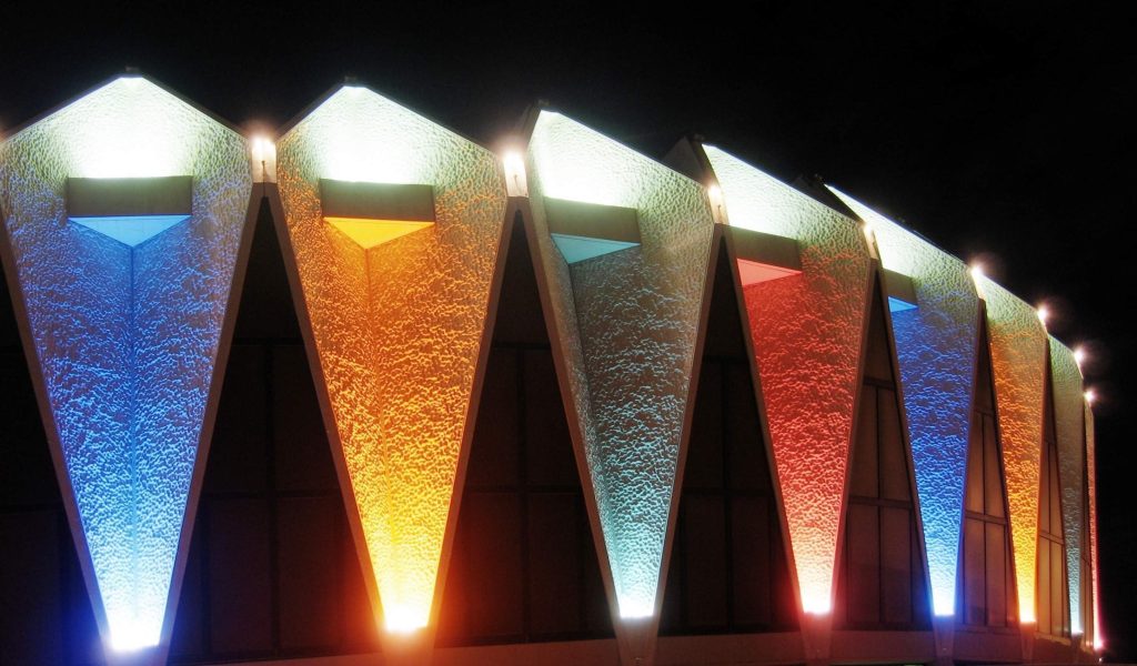 building with exterior accent lighting