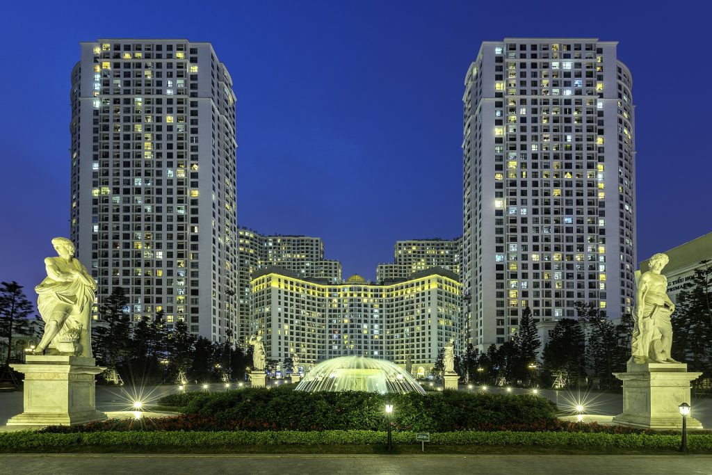 artificial light in the park and in the blocks in the evening