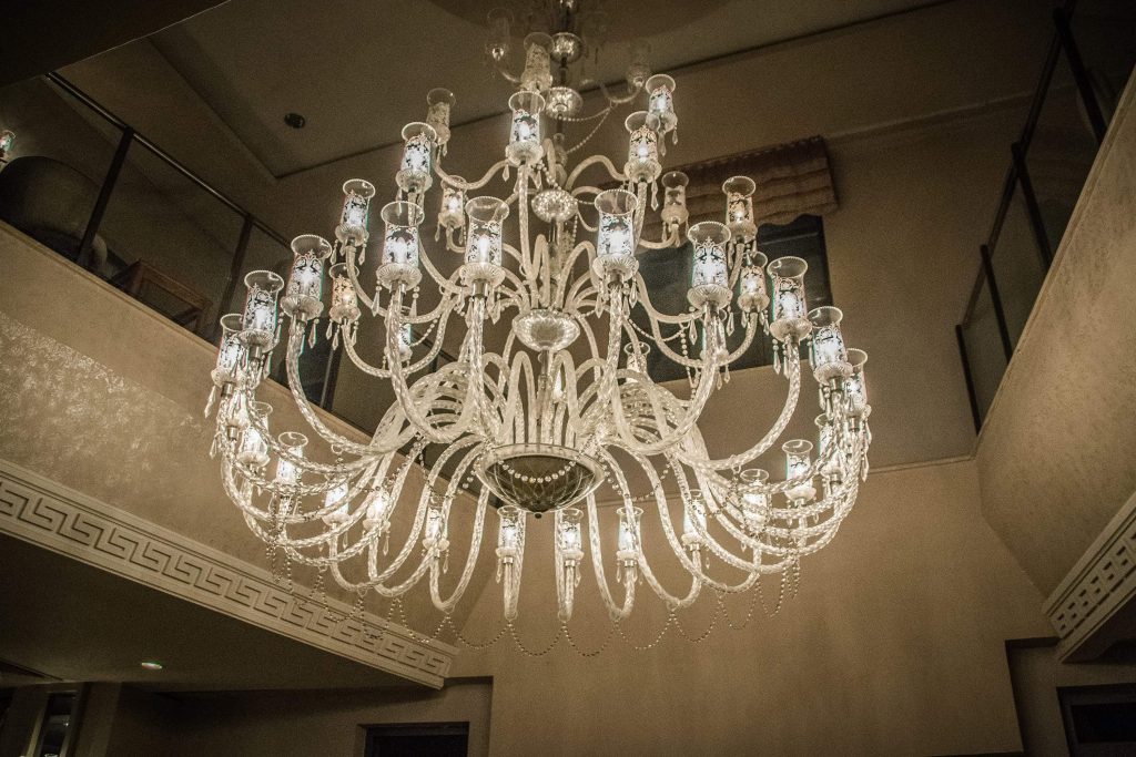 lit chandelier inside a one-story building
