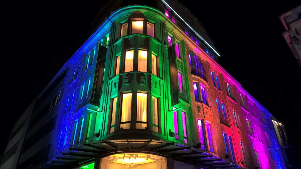 colored accent lighting on a building