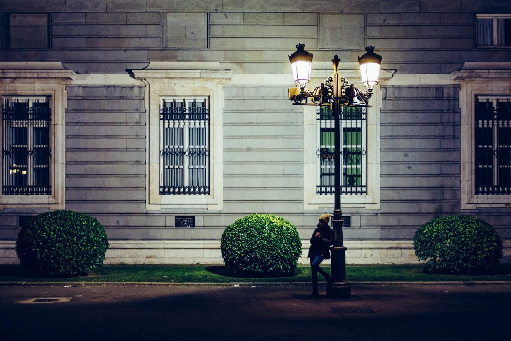 decorative street lamp in front of a building