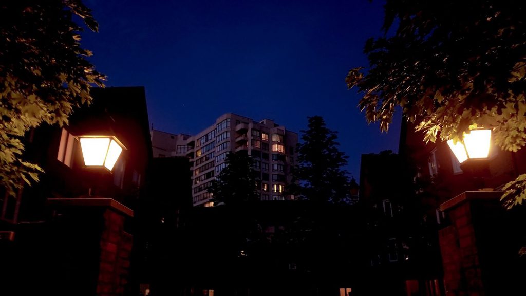 city buildings with landscape artificial lighting