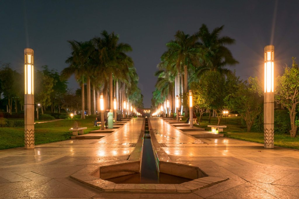 landscape lighting in a park with palm trees