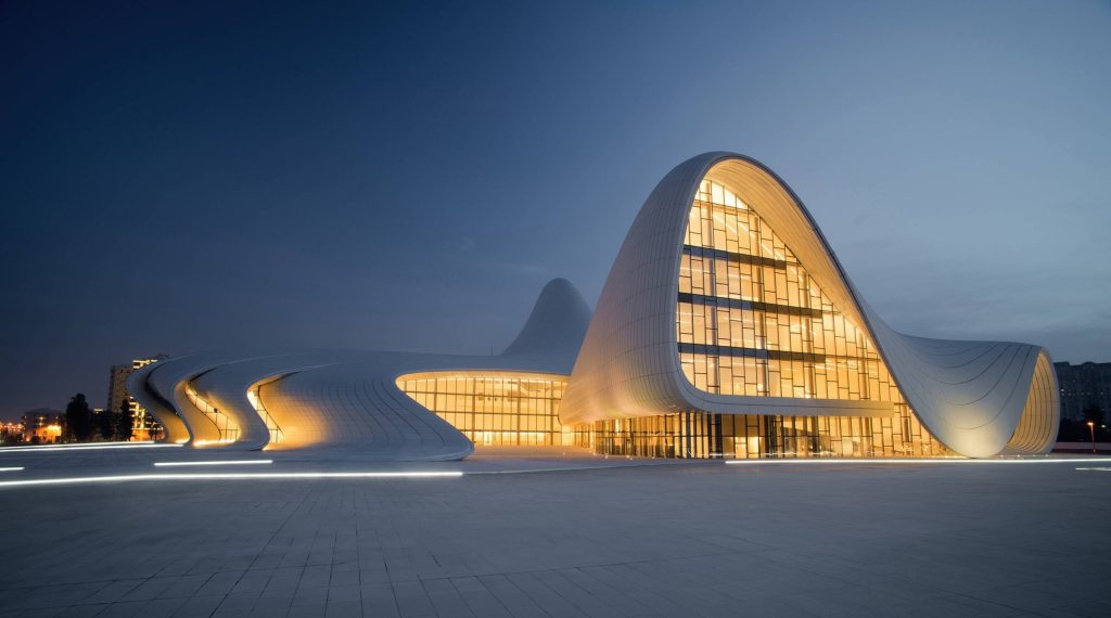 modern architecture illuminated in the evening
