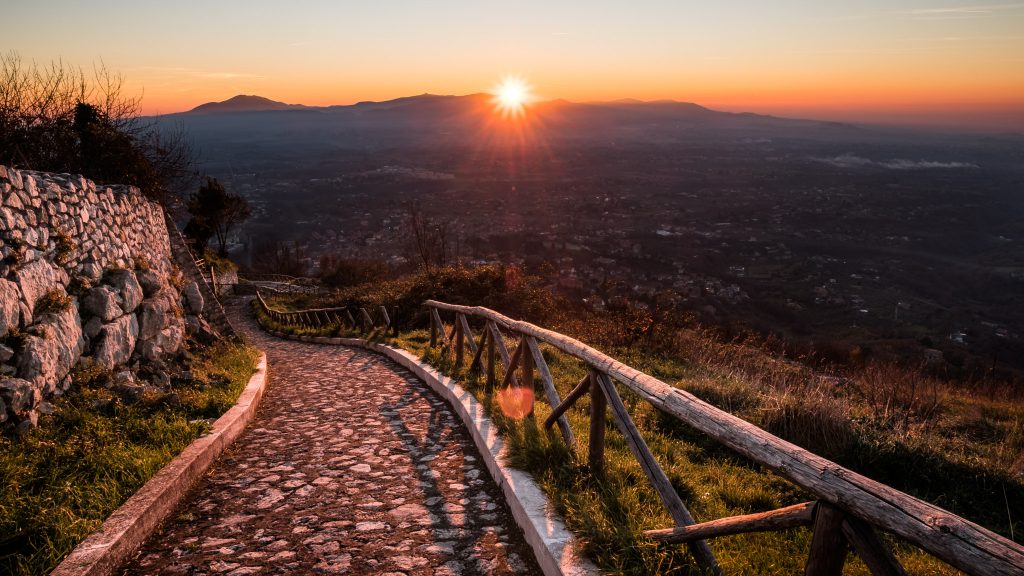 landscape with cobblestone path at sunset