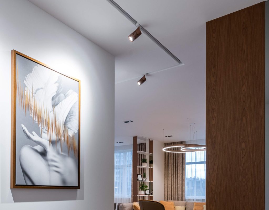 exhibition of paintings accented with track lights