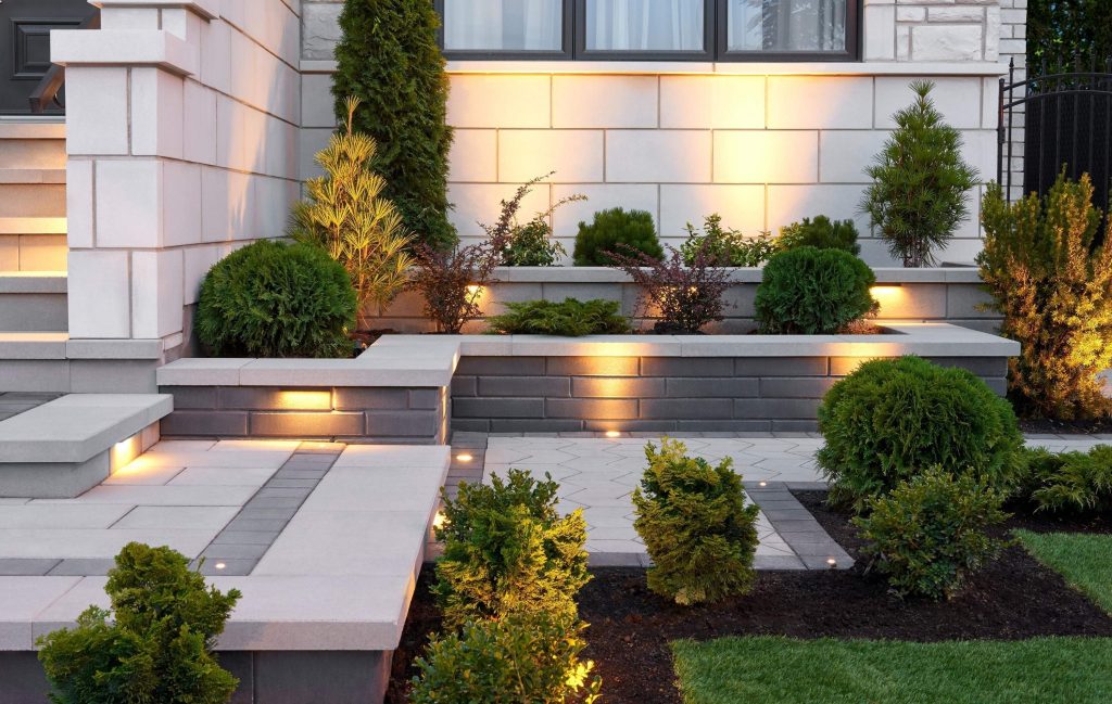 hardscape up-lights next to a building