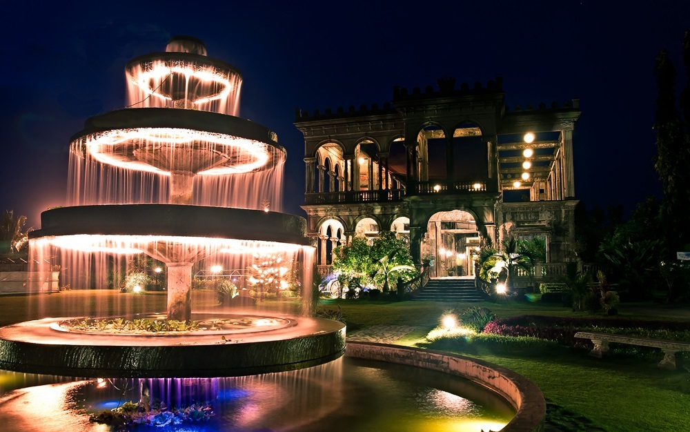 garden fountain with lights