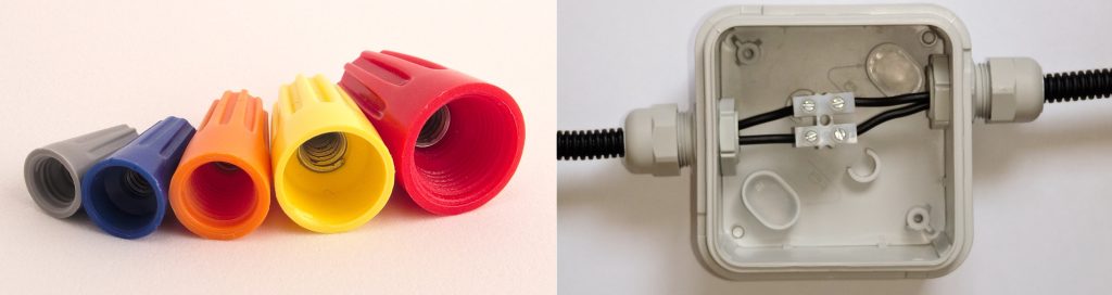 twist-on wire connectors (wire nuts) in different sizes; terminal blocks in junction boxes; can we splice landscape lighting wires