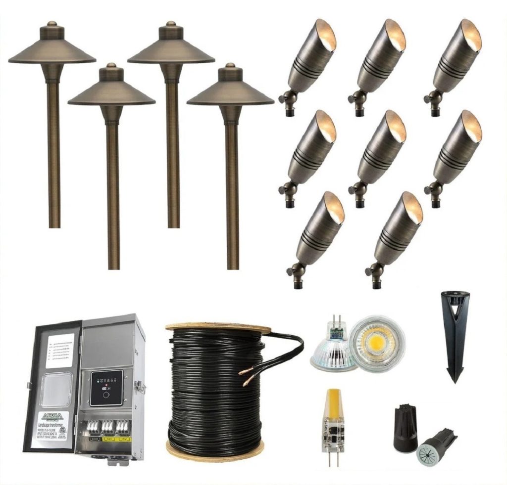 low-voltage led landscape lighting kit with path lights, spotlights, transformer, cable and wire connectors; how to install low-wattage landscape lighting