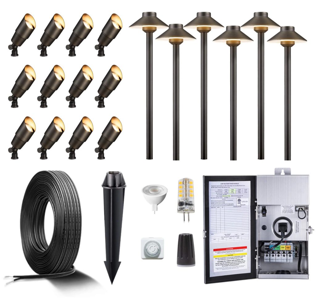 low-voltage led landscape lighting kit with path lights, spotlights, transformer, mechanical timer, cable and wire connectors; how to install low-wattage landscape lighting