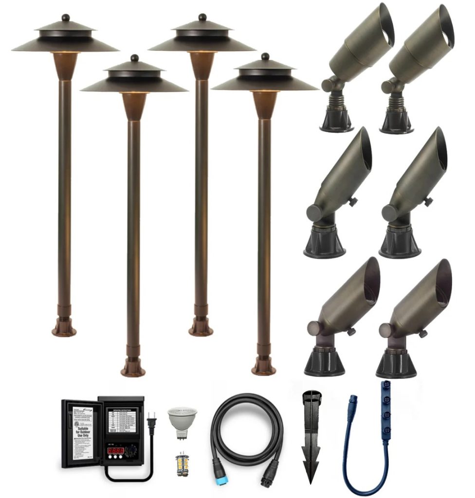 low-voltage led landscape lighting kit with path lights, spotlights, transformer, timer, cable; how to install low-wattage landscape lighting