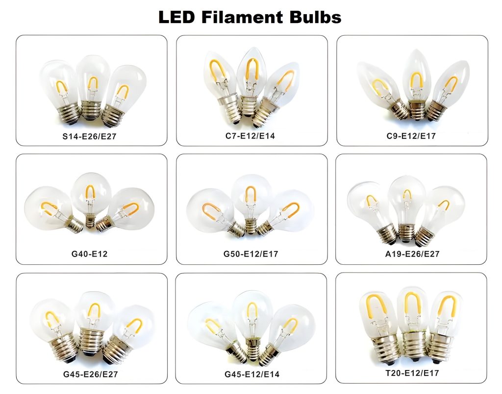 A19,C7,C9,G40,G45,G50,S14 led filament bulb shapes, dimmable; how do we choose outdoor string lights