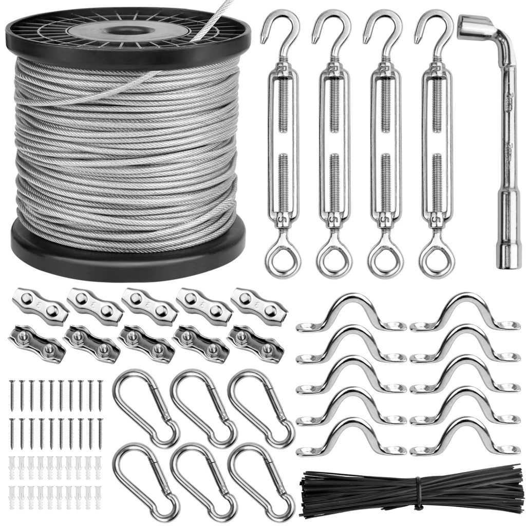 string light hanging kit with stainless steel cable guide wire, turnbuckle and hooks; do string lights need a guide wire