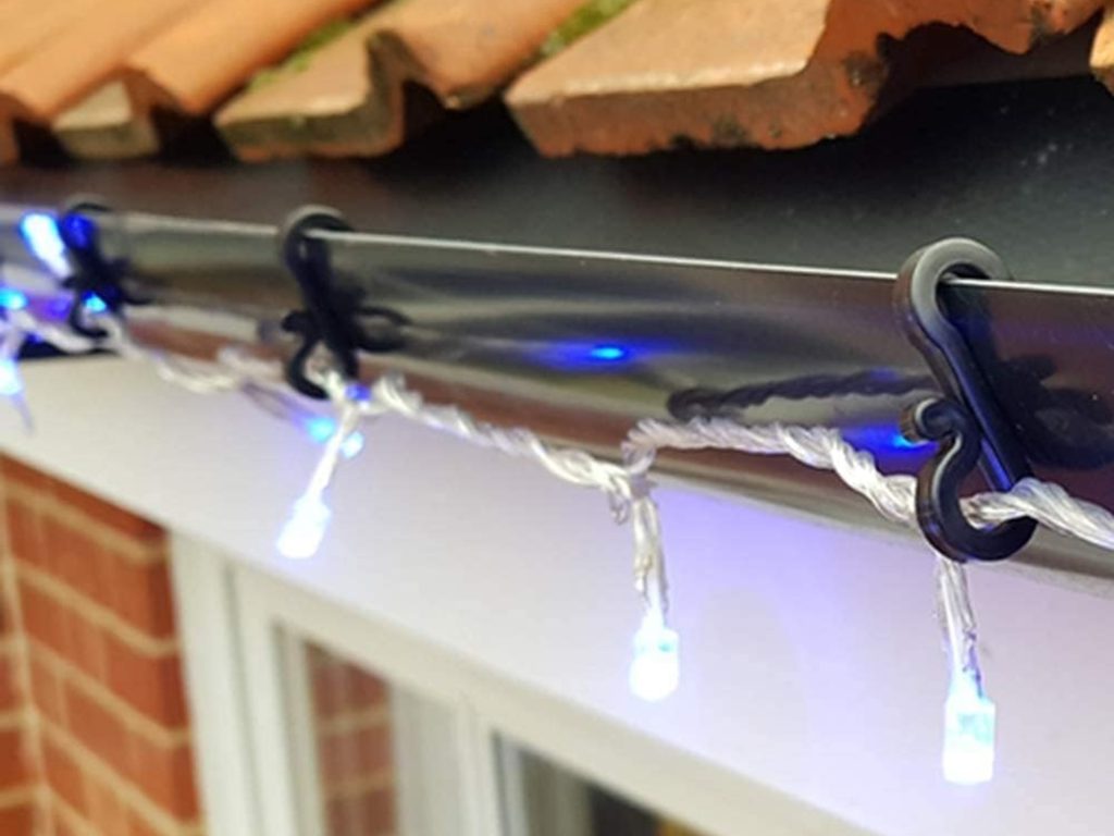 string lights on gutters; plastic gutter hooks