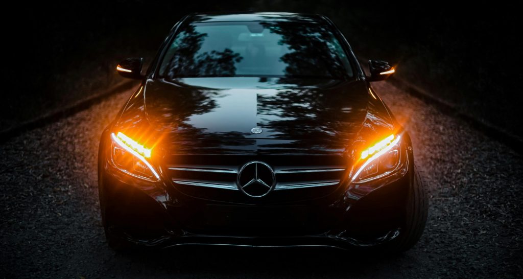 led front lights of a mercedes car with headlights on; do led strip lights drain car batteries
